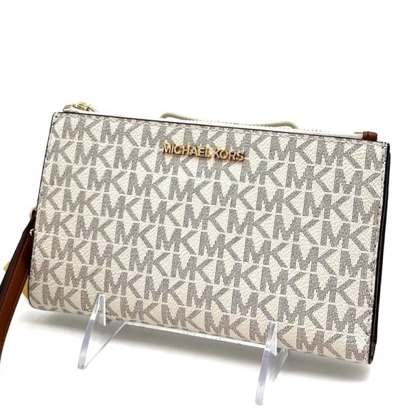 Michael Kors Double Zip Wallet Wristlet Vanilla Leather - Picture 1 of 7